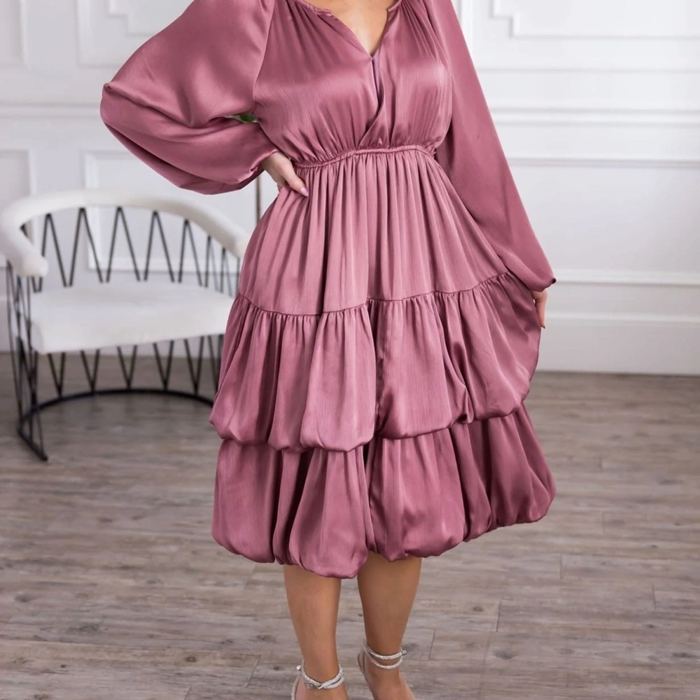 Elegant metallic Mauve Mika Rose Tiered midi WOMEN Dress size XL long sleeve
